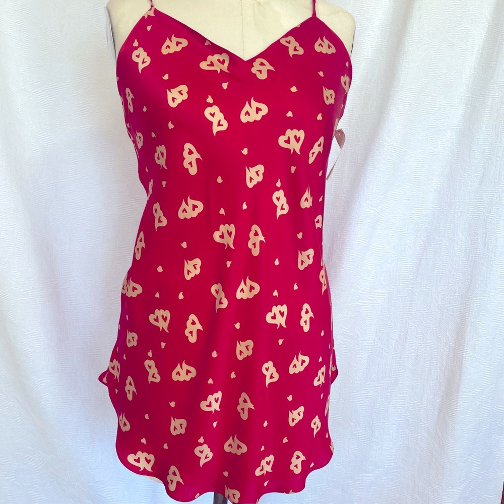 Pure silk L red cream double heart chemise.NWT